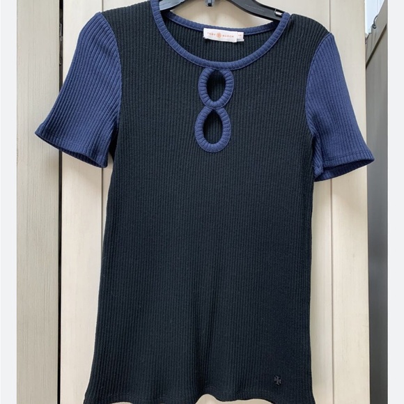 Tory, Burch, short sleeve, black and blue sweater with cut outs size large - Picture 2 of 10